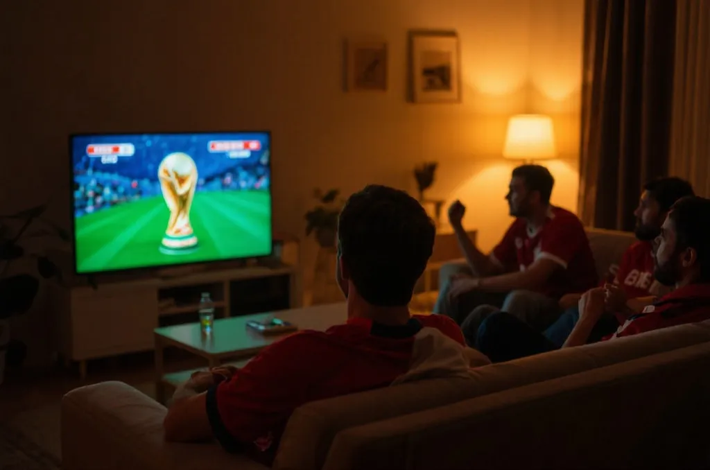 球迷在家观看世界杯决赛的夜晚场景
